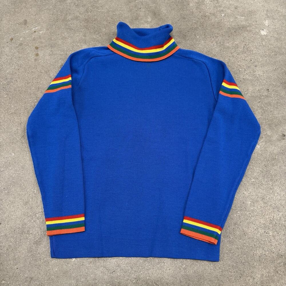 Vintage 80s OSSI Skiwear Turtleneck Rainbow Stripe Sweater Wool Blue Retro M